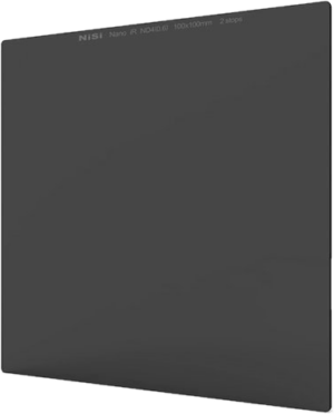 800q-01_107067 A square, dark grey NiSi camera filter with rounded edges and a white text Nano IRND 100x100mm ND1000K 20 Stops on a white background at the top.