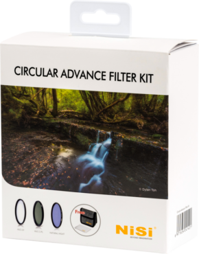 White box NiSi Filter Circular Advanced Kit 67mm filter kit with forest waterfall image, three filters, SD card graphics, brand text and top hanging tab for display.