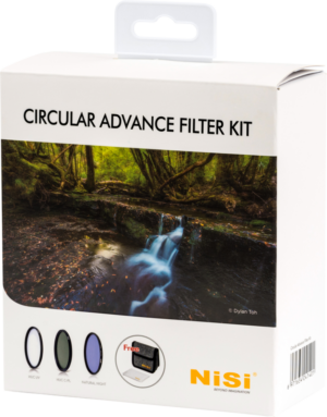 800q-01_110866 White box NiSi Filter Circular Advanced Kit 67mm filter kit with forest waterfall image, three filters, SD card graphics, brand text and top hanging tab for display.