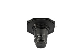 800q-01_112100 The NiSi Filter S5 Adapter for Sigma 20mm f/1.4 (adapter only) is pictured mounted on a flat, black, hexagonal surface against a white background, facing downwards and with the labels and adjustment rings visible.