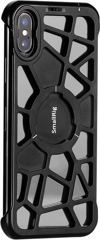 800q-01_113861 SmallRig 2204 Pocket Mobile Cage iPhone X/XS:lle on musta kotelo, jossa on geometrinen avokehys, joka paljastaa puhelimen takaosan ja kameran ja tarjoaa samalla suojaa kevyessä ja kestävässä rakenteessa.