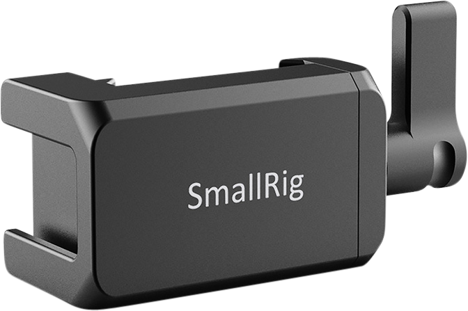 800q-01_113875 SmallRig 2369 Cold Shoe Mount for Mobile Phone Head on musta kiinnitin, jonka sivulla on SmallRig-logo ja oikealla puolella säädettävä ruuvivipu.