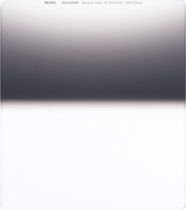 800q-01_114705 The rectangular NiSi Square Filter Explorer 150x170mm Reverse GND4 2Stops has a dark gradient at the top, becoming sharply bright towards the bottom. The product name is printed on the top edge.