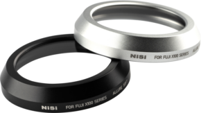 800q-01_114813 Two NiSi Filter Allure Soft for Fuji X100 (Black) diffusion filter lens covers, black and silver, are stacked partially on top of each other on a white background.