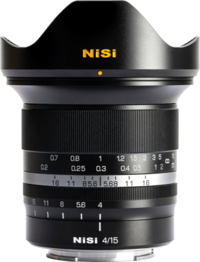 The NiSi 15mm f/4 - L-Mount lens features a wide-angle hood, distance and aperture markings and the NiSi logo on both the hood and barrel, all against a white background.