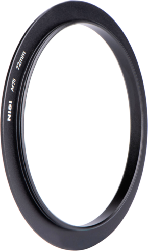 800q-01_118548 The black, round NiSi filter holder adapter for M75 72mm adapter gas is shown against a white background, slightly tilted to show its thickness and engraved marking.