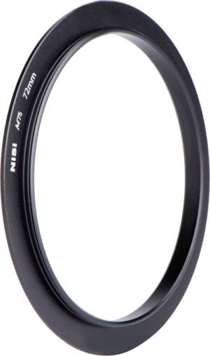 800q-01_118548 The black, round NiSi filter holder adapter for M75 72mm adapter gas is shown against a white background, slightly tilted to show its thickness and engraved marking.