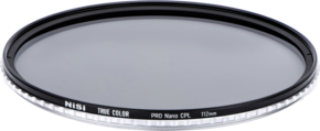 800q-01_119014 NiSi Circular True Color Pro Nano CPL 112mm filter Nikon Z 14-24mm f/2.8S circular polarizing filter with thin black frame and silver textured edge, shown at an angle on a white background.
