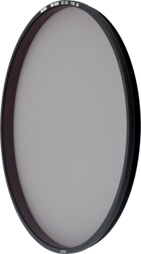 800q-01_119199 The NiSi Filter Circular for S6 Circular Polariser True Colour CPL plate filter features a thin, black circular frame with translucent glass and small white text on the edge, visible against a plain background.