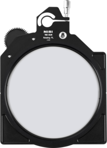 800q-01_119647 NiSi Cine Filter Rotating CPL TRUE COLOR 4x5.65" -levysuodin, pyöreä mustalla kehyksellä, siinä on sivuvaihde ja ylhäällä hopeinen säätönuppi, jossa on merkintä NiSi True Color Rotating PL.