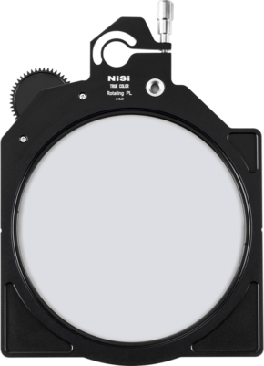 800q-01_119647 NiSi Cine Filter Rotating CPL TRUE COLOR 4x5.65" -levysuodin, pyöreä mustalla kehyksellä, siinä on sivuvaihde ja ylhäällä hopeinen säätönuppi, jossa on merkintä NiSi True Color Rotating PL.
