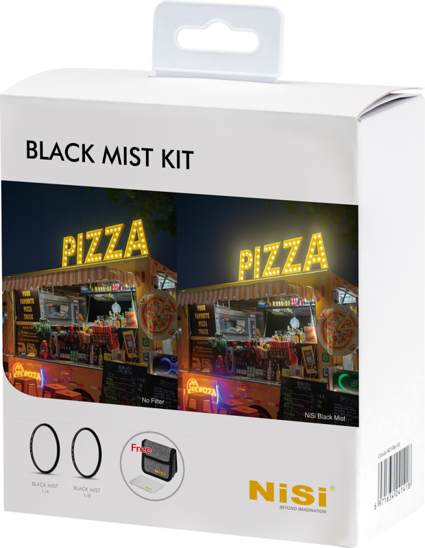NiSi Filter Black Mist Kit 49mm -diffuusiosuodinlaatikossa on yöpizzapöydän valokuvavertailu suodattimen kanssa ja ilman suodatinta sekä kuvia, suodattimen tiedot ja yrityksen tuotemerkki pakkauksessa.