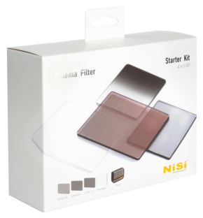 800q-01_121027 The white NiSi Cine Filter Starter Kit 4x5.65" features four rectangular camera filters in different colours and the NiSi logo in the bottom right corner.