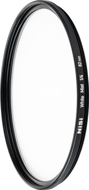 800q-01_121034 Round NiSi filter White Mist 1/4 49mm diffusion filter with black metal edge and clear glass, shown vertically against a plain background.