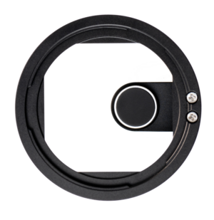 The NiSi Filter Holder IP-A for iPhone is a black circular adapter with a square cut-out, two small silver screws and a circular black release button, pictured above with a white background.