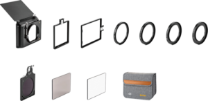 800q-01_122387 The NiSi Matte Box C5 Filmmaker Kit includes a matte box, filter frames, adapter rings, one circular filter, two square filters and a grey bag with brown accents and the NiSi logo.