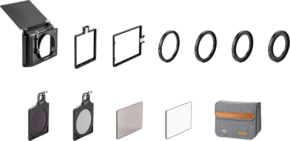 800q-01_122388 NiSi Matte Box C5 Cinema Kit in a row on a light-coloured background with filter holder, adapter rings, filter frames, round and square filters and a grey carrying case marked NiSi C5.