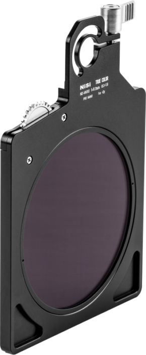 800q-01_122389 The NiSi Cine Filter TRUE COLOR V-ND 1-5 STOP for C5 Matte Box is a rectangular, black camera lens filter with a circular centre, adjustment wheel and top mounting mechanism, shown with white background.