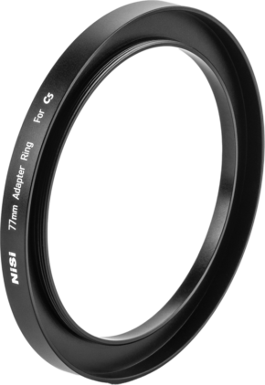 800q-01_122393 The black NiSi Adapter Ring 77mm For C5 Matte Box filter adapter is displayed vertically on a white background, with the product text displayed on the edge.