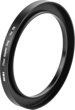800q-01_122393 The black NiSi Adapter Ring 77mm For C5 Matte Box filter adapter is displayed vertically on a white background, with the product text displayed on the edge.