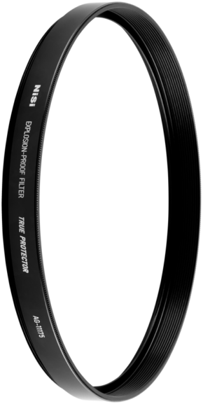 800q-01_123582 Musta, pyöreä NiSi Cine Filter Explosion Proof / True Protector AG-11175 for Angenieux EZ-1 & 2 -suojasuodin, jossa on kierteitetyt reunat, näkyy valkoista taustaa vasten.