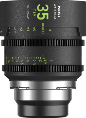 800q-01_123978 The NiSi Cine Lens Athena Prime 35mm T1.9 PL-Mount lens stands upright, with green focus and aperture markings on its black body and a metal lens mount on its base.