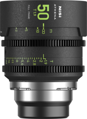 Close-up of the NiSi Cine Lens Athena Prime 50mm T1.9 PL-Mount lens, with accentuated green and white focus and aperture markings, textured adjustment rings and a sturdy metal mount.