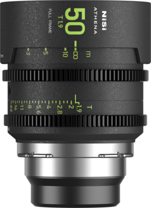 800q-01_123979 Close-up of the NiSi Cine Lens Athena Prime 50mm T1.9 PL-Mount lens, with accentuated green and white focus and aperture markings, textured adjustment rings and a sturdy metal mount.