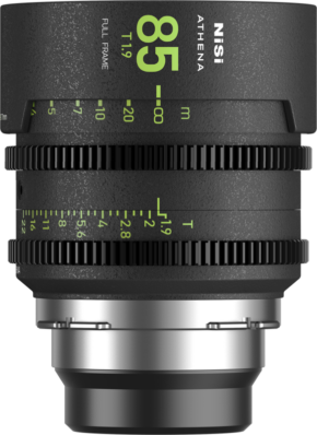 NiSi Cine Lens Athena Prime 85mm T1.9 PL-Mount, full-frame cinema lens with green engraved distance and aperture markings on a black metal body, visible from the side, with the lens mount visible at the bottom.
