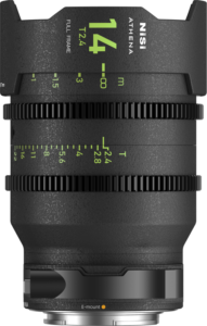 800q-01_123981 Close-up of the NiSi Cine Lens Athena Prime 14mm T2.4 E-Mount lens with green and white focus and aperture markings on its black body.