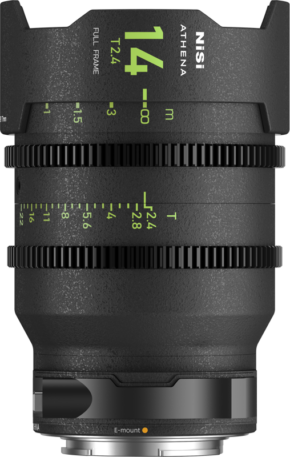 Close-up of the NiSi Cine Lens Athena Prime 14mm T2.4 E-Mount lens with green and white focus and aperture markings on its black body.