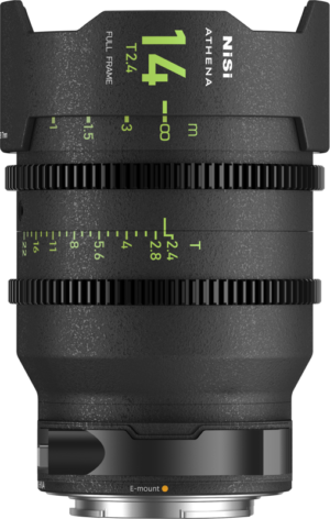 800q-01_123981 Close-up of the NiSi Cine Lens Athena Prime 14mm T2.4 E-Mount lens with green and white focus and aperture markings on its black body.
