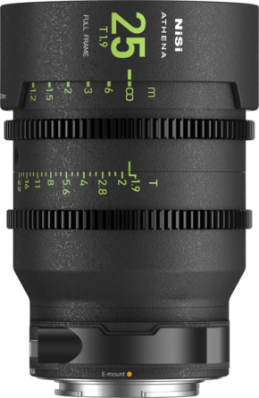 A close-up of the NiSi Cine Lens Athena Prime 25mm T1.9 E-Mount lens shows its black cylindrical body with clearly visible lens markings and focus/shutter rings.