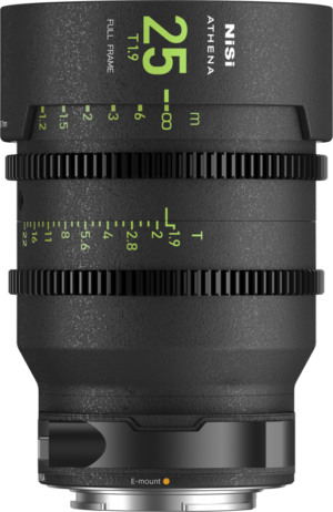 800q-01_123982 A close-up of the NiSi Cine Lens Athena Prime 25mm T1.9 E-Mount lens shows its black cylindrical body with clearly visible lens markings and focus/shutter rings.