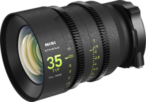 Close-up of the NiSi Cine Lens Athena Prime 35mm T1.9 E-Mount lens with focus and aperture rings marked in yellow on the black metal body.