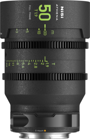 A close-up of the NiSi Cine Lens Athena Prime 50mm T1.9 E-Mount lens shows the green and white markings on its black body and the E-mount marking at the bottom.