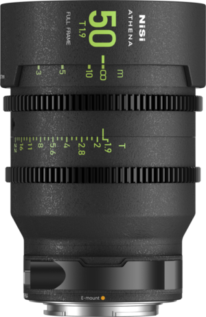 800q-01_123984 A close-up of the NiSi Cine Lens Athena Prime 50mm T1.9 E-Mount lens shows the green and white markings on its black body and the E-mount marking at the bottom.