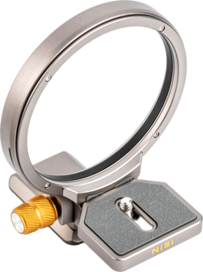 800q-01_124046 The NiSi Wizard Camera Positioning Bracket W-82M is a metal lens filter holder with a round ring, textured NiSi marked base and gold knob designed for mounting photo filters.