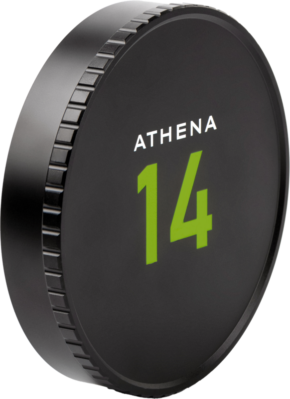 800q-01_124296 The NiSi Cine Lens Cap For Athena 14mm T2.4 is a black, circular cap with ridges, with white text "ATHENA" and large green text "14" on the front.