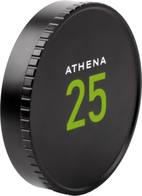 800q-01_124297 Black round NiSi Cine lens cover for Athena 25mm T1.9 with a large green "25" on the front and the ATHENA sticker with a textured edge visible against a white background.