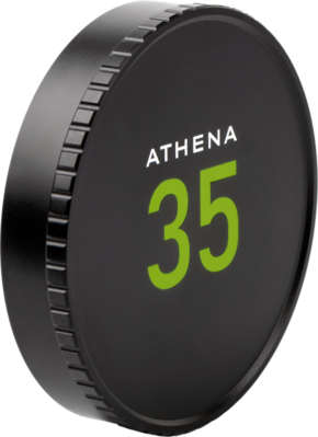 800q-01_124298 The NiSi Cine Lens Cap for Athena 35mm T1.9 is a round, black cap with a brushed edge that reads "ATHENA" above a large green "35" mark on the front.