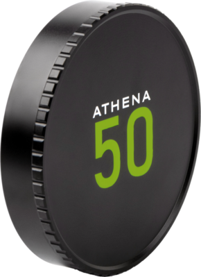 800q-01_124299 The black circular NiSi Cine lens cover for the Athena 50mm T1.9 has a brushed edge, white lettering "ATHENA" and a large green "50" on the front.
