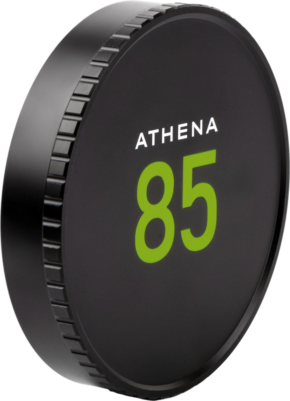 800q-01_124300 The round, black NiSi Cine lens cover for the Athena 85mm T1.9 has a brushed edge, minimalist design and features ATHENA above a large green 85 on the front.
