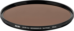 Close-up NiSi Pro Nano IR ND100000 77mm grey filter, a circular camera lens filter with a dark brown tint and ND100000 (5.0) marking on its black metal rim.
