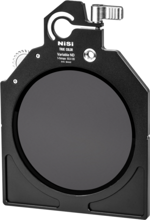 800q-01_125103 The NiSi Cine Filter True Color Variable ND 1-5 Stops 6mm 4x4" disc filter is a variable ND filter with a black metal frame and round glass, designed for precise light control in photography.