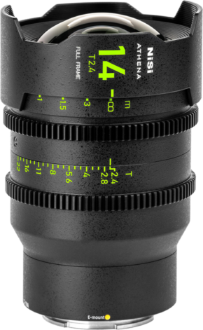 NiSi Cine Lens Athena Prime 14mm T2.4 E-Mount (without drop-in filter), black, with bright green and yellow focus and aperture markings and E-mount indicator on the bottom.