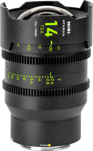 800q-01_126394 NiSi Cine Lens Athena Prime 14mm T2.4 E-Mount (without drop-in filter), black, with bright green and yellow focus and aperture markings and E-mount indicator on the bottom.
