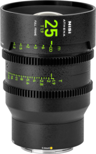 800q-01_126395 The black NiSi Cine Lens Athena Prime 25mm T1.9 E-Mount lens (without drop-down filter) has green and white markings, two focus and aperture rings and an E-mount marking near the base.