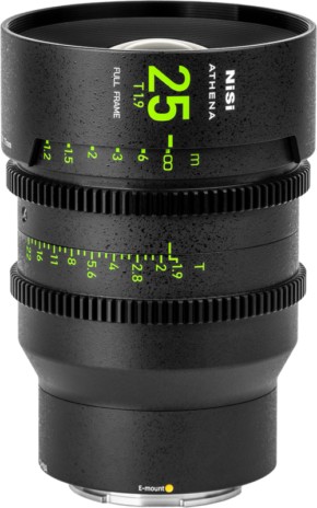 The black NiSi Cine Lens Athena Prime 25mm T1.9 E-Mount lens (without drop-down filter) has green and white markings, two focus and aperture rings and an E-mount marking near the base.