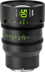 800q-01_126397 Black NiSi Cine Lens Athena Prime 50mm T1.9 E-Mount (without drop-in filter), full frame, with green markings, graduated scales, ribbed focus ring and E-mount marking on the bottom.